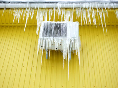 Frozen,air,conditioner,in,ice,icicles,on,a,yellow,wall.